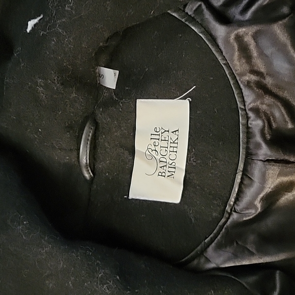 Badgley Mischka Belle lorian black wool coat faux leather belted sz S - Picture 6 of 8